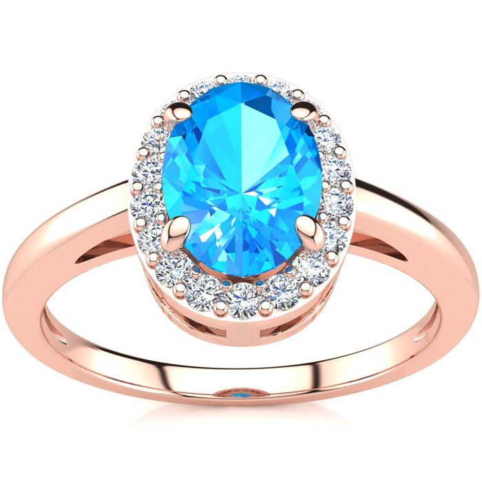 1 Carat Oval Shape Blue Topaz & Halo Diamond Ring in 14K Rose Gold (3 g),  by SuperJeweler