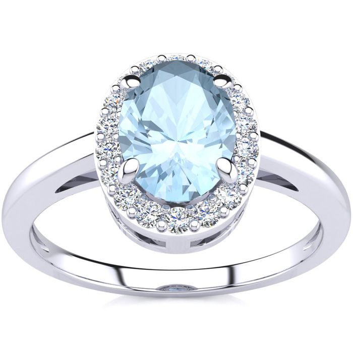 1 Carat Oval Shape Aquamarine & Halo Diamond Ring in 14K White Gold (3 g),  by SuperJeweler