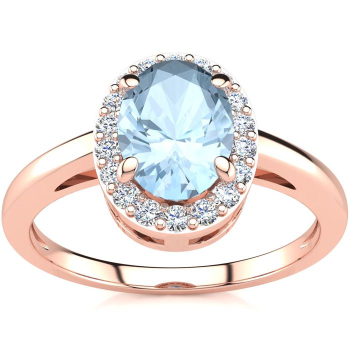 1 Carat Oval Shape Aquamarine & Halo Diamond Ring in 14K Rose Gold (3 g),  by SuperJeweler