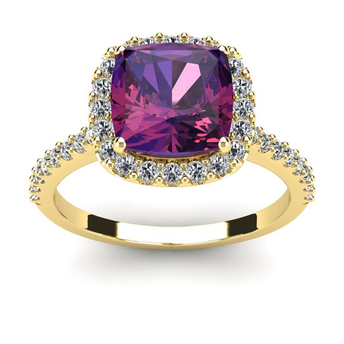 2.5 Carat Cushion Cut Amethyst & Halo Diamond Ring in 14K Yellow Gold (4.5 g),  by SuperJeweler