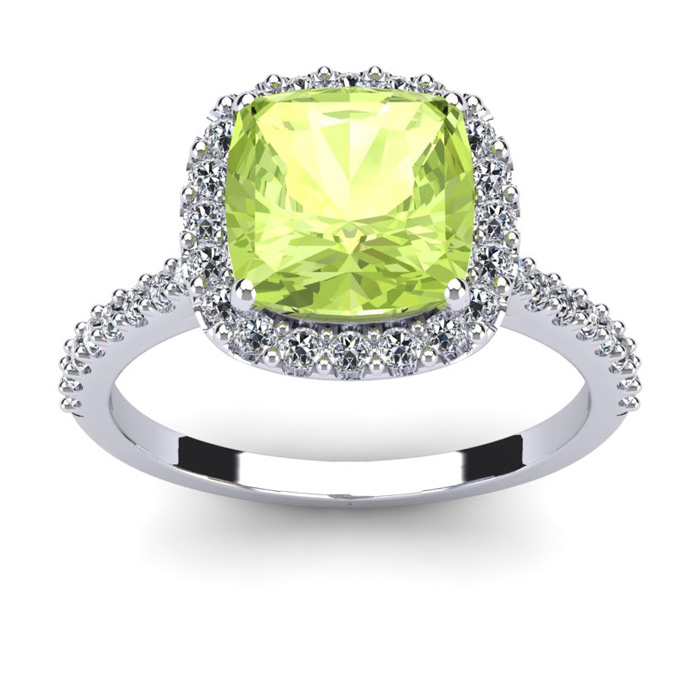 3 Carat Cushion Cut Peridot & Halo Diamond Ring in 14K White Gold (4.5 g),  by SuperJeweler