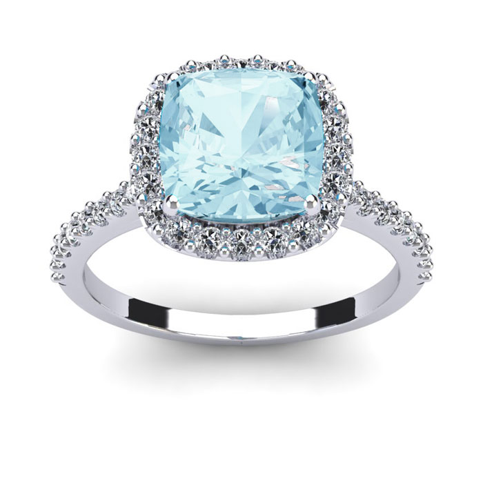 2.5 Carat Cushion Cut Aquamarine & Halo Diamond Ring in 14K White Gold (4.5 g),  by SuperJeweler