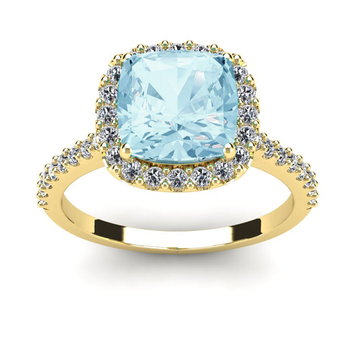 2.5 Carat Cushion Cut Aquamarine & Halo Diamond Ring in 14K Yellow Gold (4.5 g),  by SuperJeweler