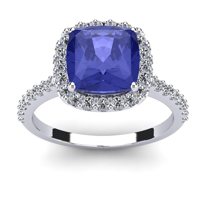 3 Carat Cushion Cut Tanzanite & Halo Diamond Ring in 14K White Gold (4.5 g),  by SuperJeweler