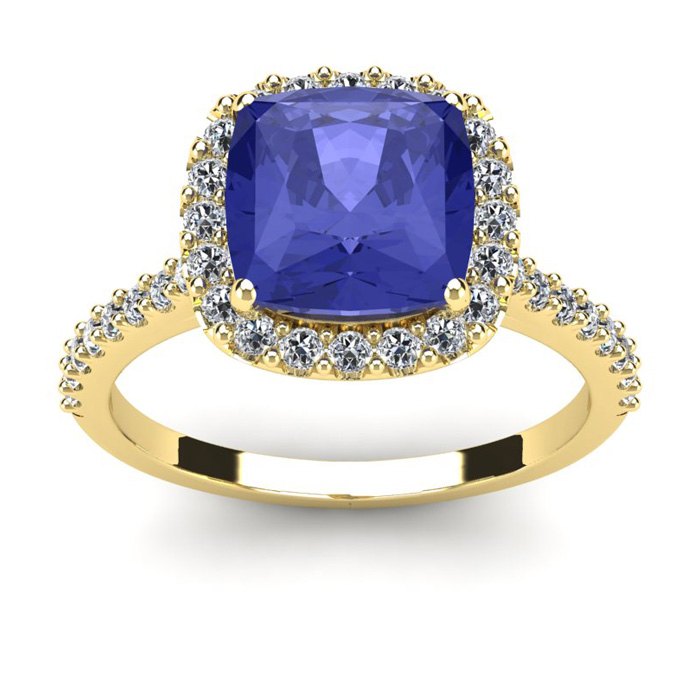 3 Carat Cushion Cut Tanzanite & Halo Diamond Ring in 14K Yellow Gold (4.5 g),  by SuperJeweler