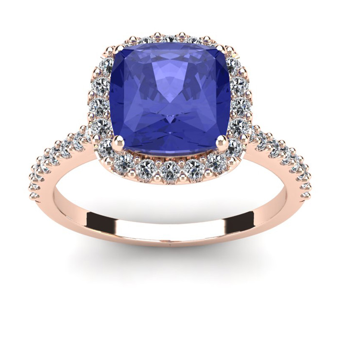 3 Carat Cushion Cut Tanzanite & Halo Diamond Ring in 14K Rose Gold (4.5 g),  by SuperJeweler