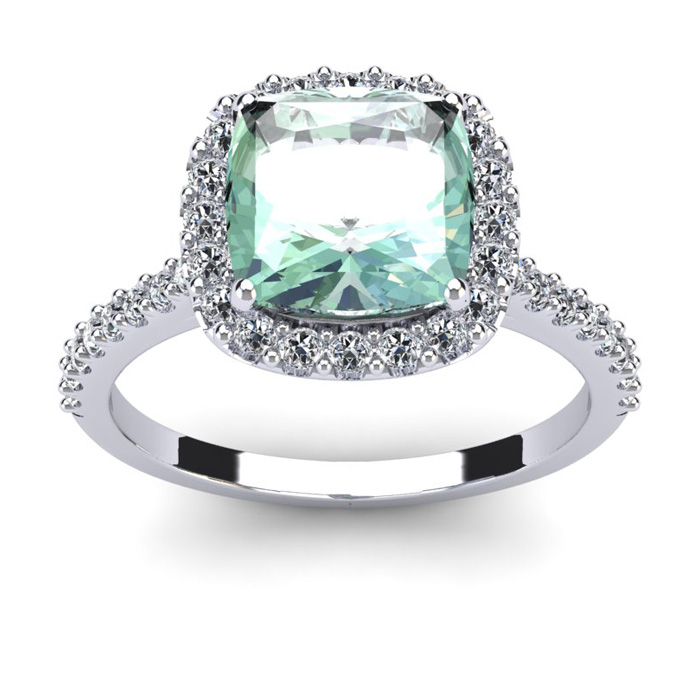 2.5 Carat Cushion Cut Green Amethyst & Halo Diamond Ring in 14K White Gold (4.5 g),  by SuperJeweler