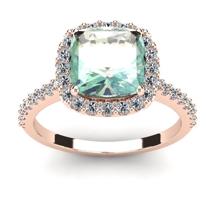 2.5 Carat Cushion Cut Green Amethyst & Halo Diamond Ring in 14K Rose Gold (4.5 g),  by SuperJeweler