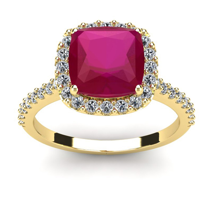 3 1/2 Carat Cushion Cut Ruby & Halo Diamond Ring in 14K Yellow Gold (4.5 g),  by SuperJeweler