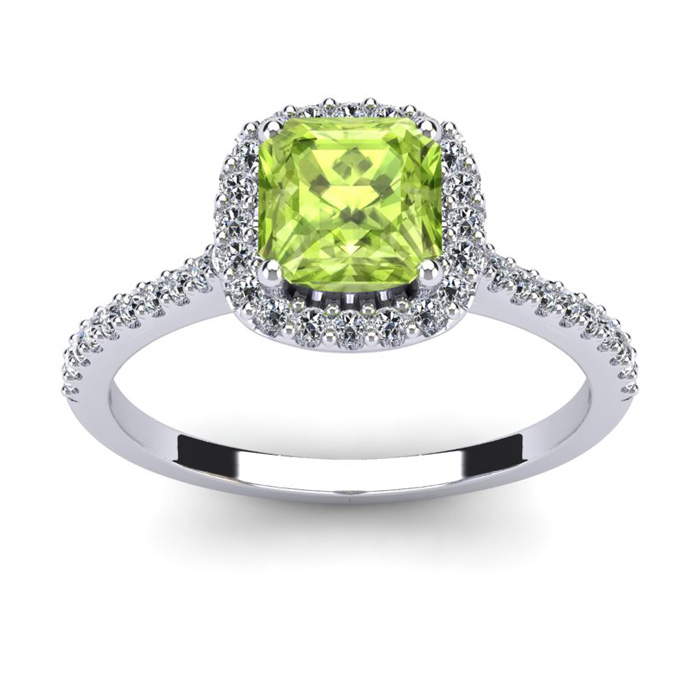 1.5 Carat Cushion Cut Peridot & Halo Diamond Ring in 14K White Gold (3.6 g),  by SuperJeweler