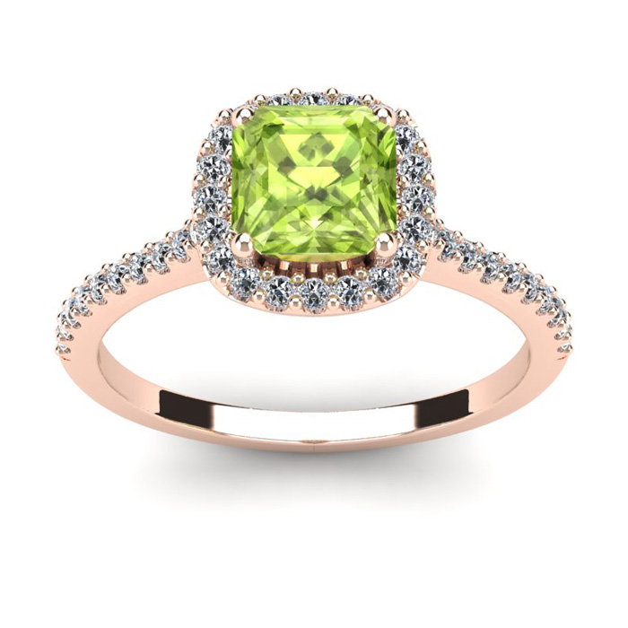 1.5 Carat Cushion Cut Peridot & Halo Diamond Ring in 14K Rose Gold (3.6 g),  by SuperJeweler