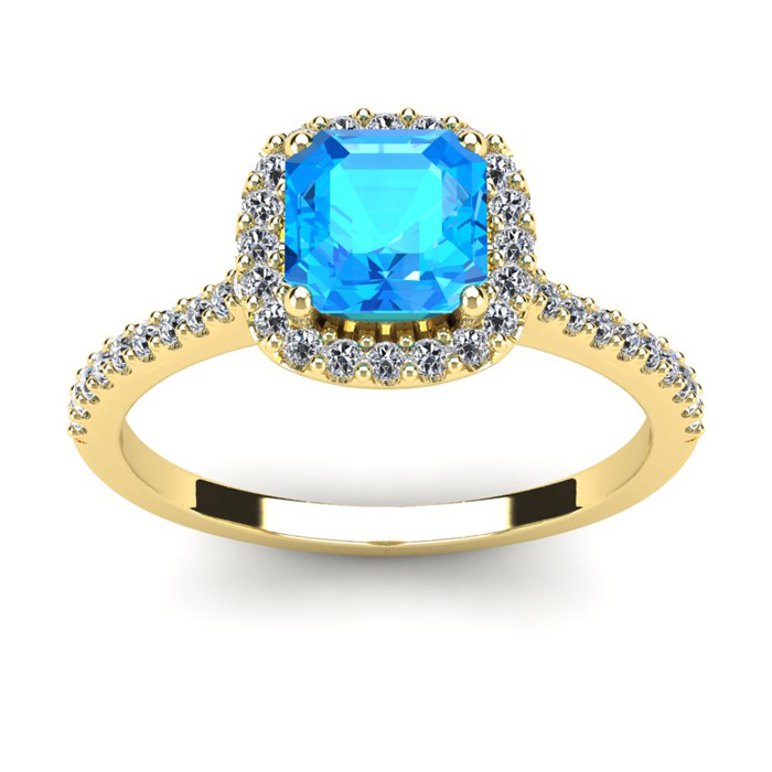 1.5 Carat Cushion Cut Blue Topaz & Halo Diamond Ring in 14K Yellow Gold (3.6 g),  by SuperJeweler