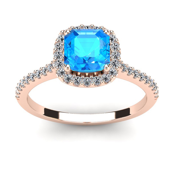 1.5 Carat Cushion Cut Blue Topaz & Halo Diamond Ring in 14K Rose Gold (3.6 g),  by SuperJeweler