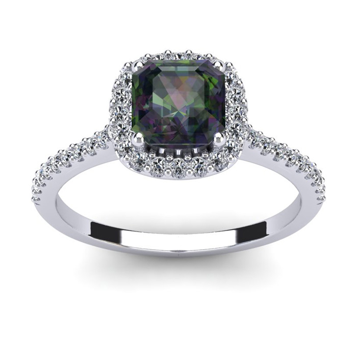 1.5 Carat Cushion Cut Mystic Topaz & Halo Diamond Ring in 14K White Gold (3.6 g),  by SuperJeweler