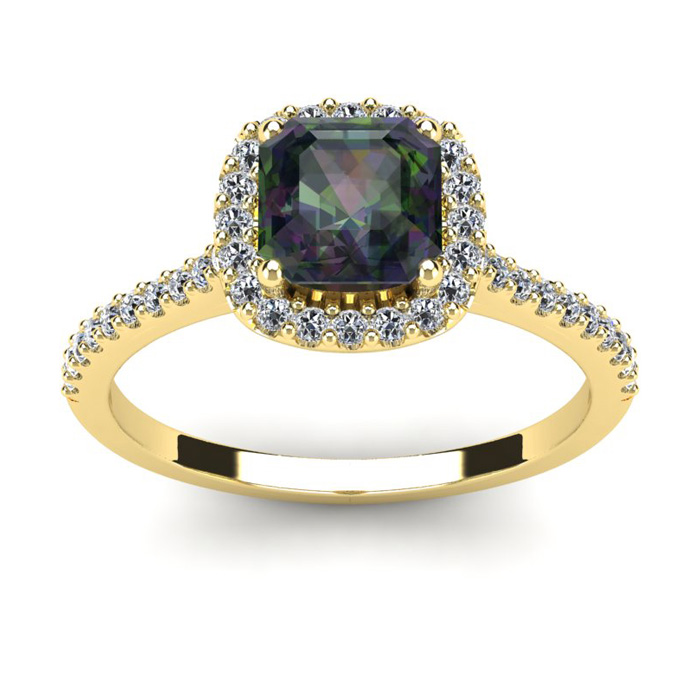 1.5 Carat Cushion Cut Mystic Topaz & Halo Diamond Ring in 14K Yellow Gold (3.6 g),  by SuperJeweler