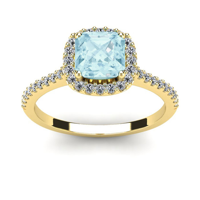 1 Carat Cushion Cut Aquamarine & Halo Diamond Ring in 14K Yellow Gold (3.6 g),  by SuperJeweler