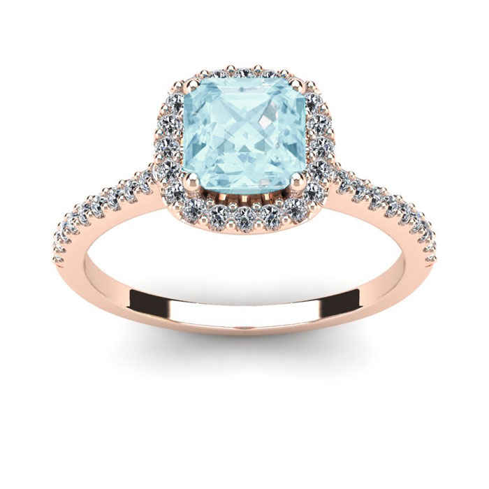 1 Carat Cushion Cut Aquamarine & Halo Diamond Ring in 14K Rose Gold (3.6 g),  by SuperJeweler