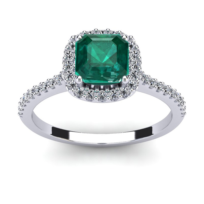 1.5 Carat Cushion Cut Created Emerald & Halo Diamond Ring in 14K White Gold (3.6 g),  by SuperJeweler