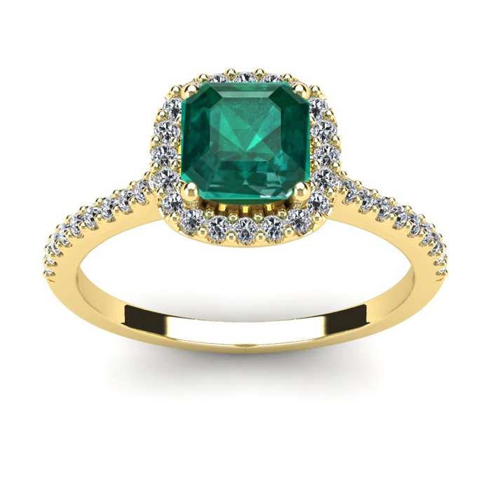 1.5 Carat Cushion Cut Created Emerald & Halo Diamond Ring in 14K Yellow Gold (3.6 g),  by SuperJeweler