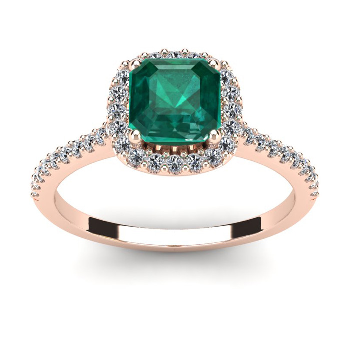 1.5 Carat Cushion Cut Created Emerald & Halo Diamond Ring in 14K Rose Gold (3.6 g),  by SuperJeweler