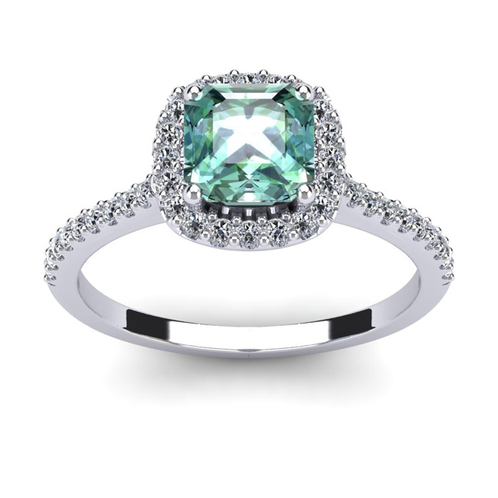 1 Carat Cushion Cut Green Amethyst & Halo Diamond Ring in 14K White Gold (3.6 g),  by SuperJeweler