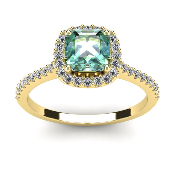 1 Carat Cushion Cut Green Amethyst & Halo Diamond Ring in 14K Yellow Gold (3.6 g),  by SuperJeweler