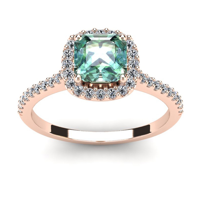 1 Carat Cushion Cut Green Amethyst & Halo Diamond Ring in 14K Rose Gold (3.6 g),  by SuperJeweler