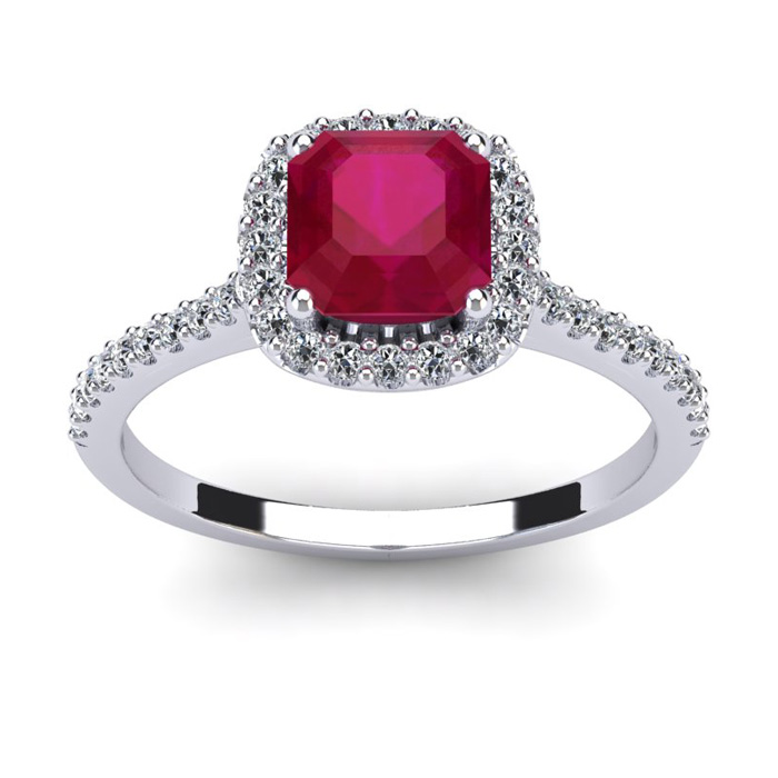 1 3/4 Carat Cushion Cut Ruby & Halo Diamond Ring in 14K White Gold (3.6 g),  by SuperJeweler