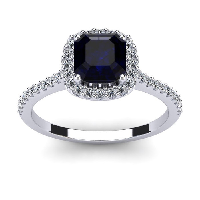 1.5 Carat Cushion Cut Sapphire & Halo Diamond Ring in 14K White Gold (3.6 g),  by SuperJeweler