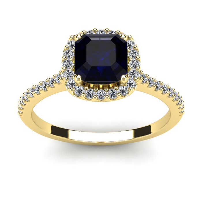 1.5 Carat Cushion Cut Sapphire & Halo Diamond Ring in 14K Yellow Gold (3.6 g),  by SuperJeweler