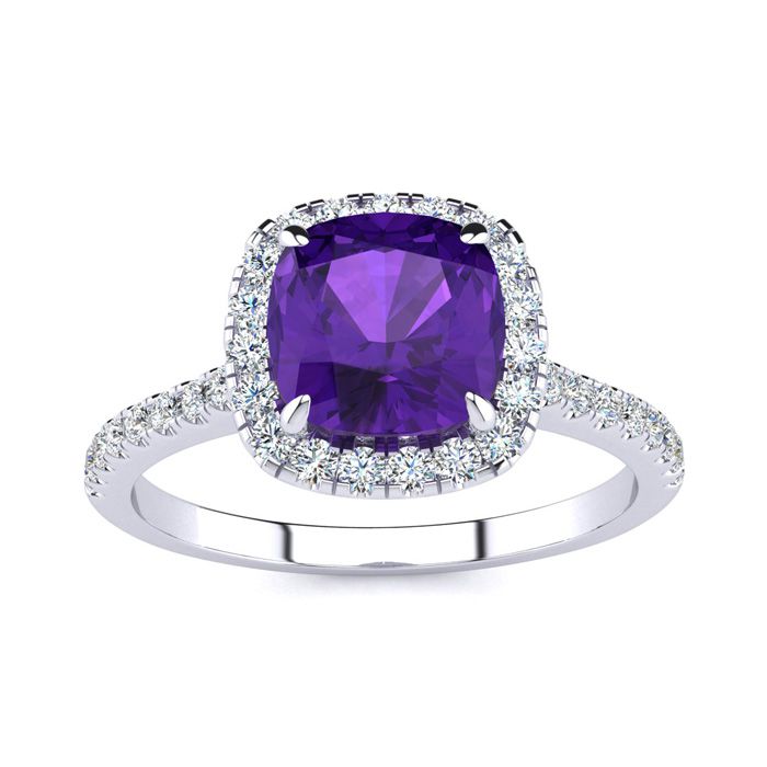 2 Carat Cushion Cut Amethyst & Halo Diamond Ring in 14K White Gold (3.9 g),  by SuperJeweler