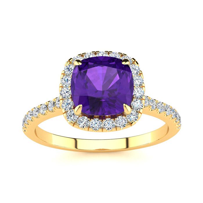 2 Carat Cushion Cut Amethyst & Halo Diamond Ring in 14K Yellow Gold (3.9 g),  by SuperJeweler