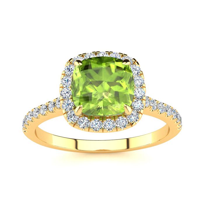 2 Carat Cushion Cut Peridot & Halo Diamond Ring in 14K Yellow Gold (3.9 g),  by SuperJeweler