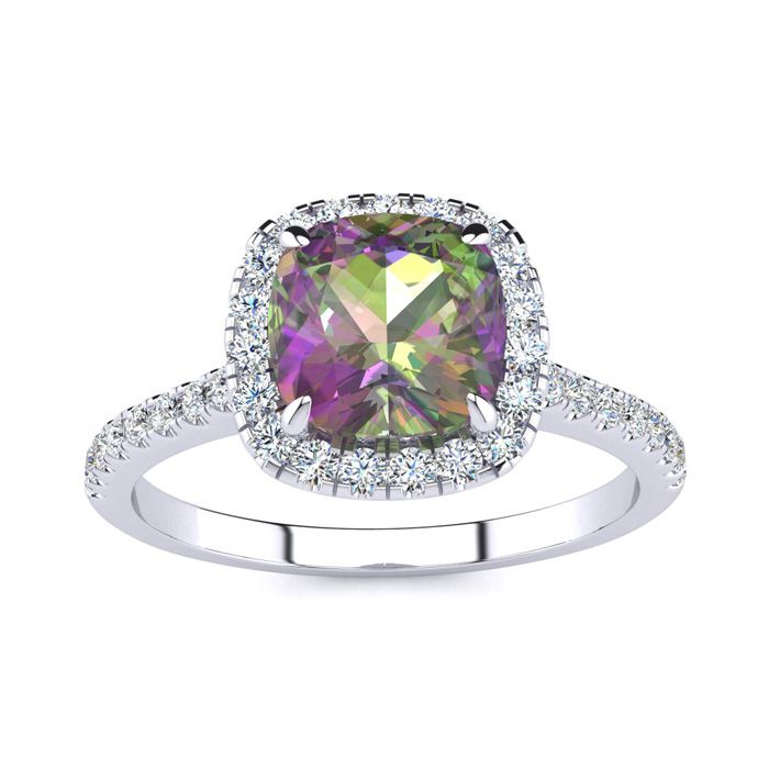 2 Carat Cushion Cut Mystic Topaz & Halo Diamond Ring in 14K White Gold (3.9 g),  by SuperJeweler