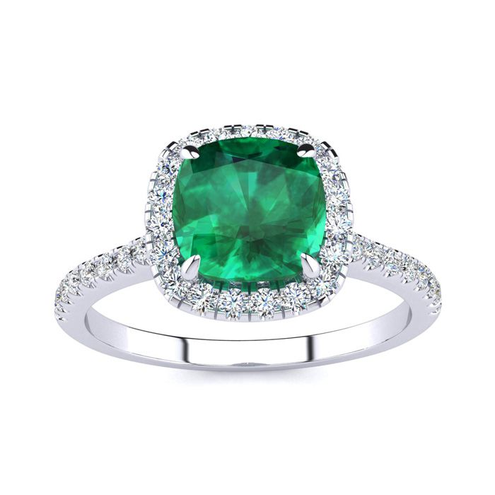 2 Carat Cushion Cut Emerald & Halo Diamond Ring in 14K White Gold (3.9 g),  by SuperJeweler