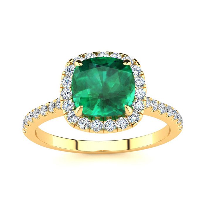 2 Carat Cushion Cut Emerald & Halo Diamond Ring in 14K Yellow Gold (3.9 g),  by SuperJeweler