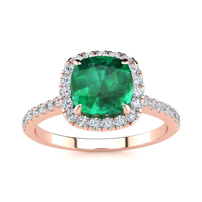 2 Carat Cushion Cut Emerald & Halo Diamond Ring in 14K Rose Gold (3.9 g),  by SuperJeweler