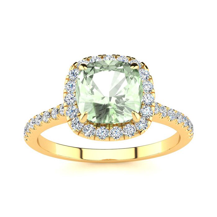 1 3/4 Carat Cushion Cut Green Amethyst & Halo Diamond Ring in 14K Yellow Gold (3.9 g),  by SuperJeweler