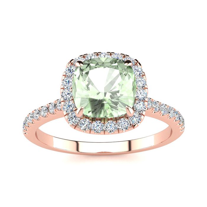 1 3/4 Carat Cushion Cut Green Amethyst & Halo Diamond Ring in 14K Rose Gold (3.9 g),  by SuperJeweler