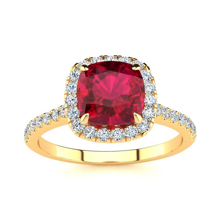 2 Carat Cushion Cut Ruby & Halo Diamond Ring in 14K Yellow Gold (3.9 g),  by SuperJeweler