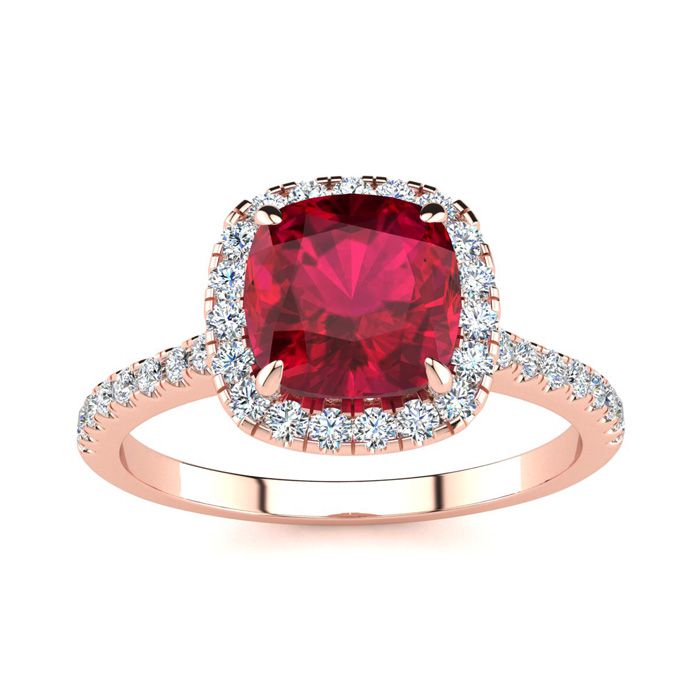 2 Carat Cushion Cut Ruby & Halo Diamond Ring in 14K Rose Gold (3.9 g),  by SuperJeweler