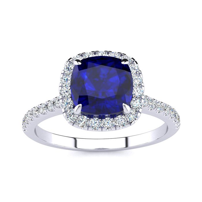 2 Carat Cushion Cut Sapphire & Halo Diamond Ring in 14K White Gold (3.9 g),  by SuperJeweler