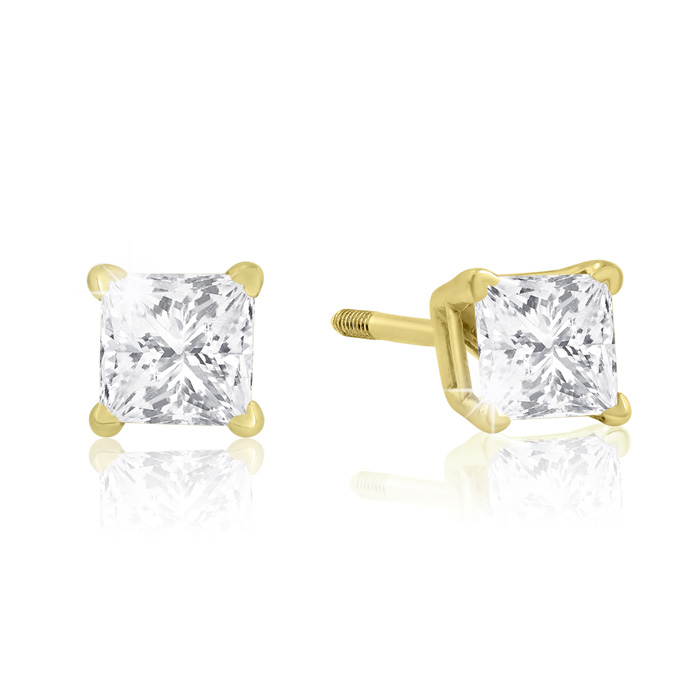 1/2 Carat Princess Cut Diamond Stud Earrings in 14k Yellow Gold, , I1/I2 by SuperJeweler