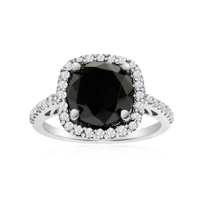 4 1/2 Carat Cushion Cut Black & White Diamond Halo Ring in 14k White Gold, G/H Color by SuperJeweler