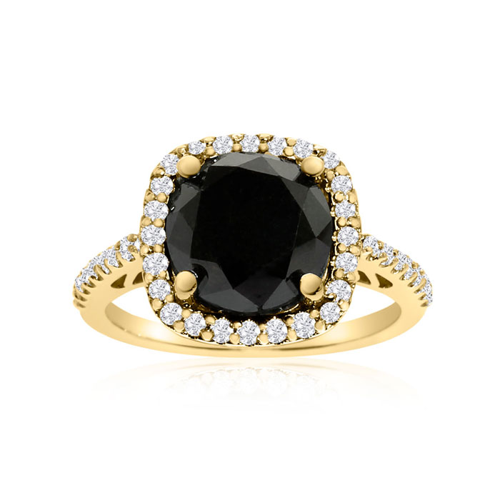 4 1/2 Carat Cushion Cut Black & White Diamond Halo Ring in 14K Yellow Gold, G/H Color by SuperJeweler