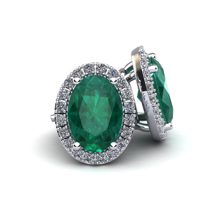 1 Carat Oval Shape Emerald Cut & Halo Diamond Stud Earrings in 14K White Gold w/ Screw Backs,  by SuperJeweler