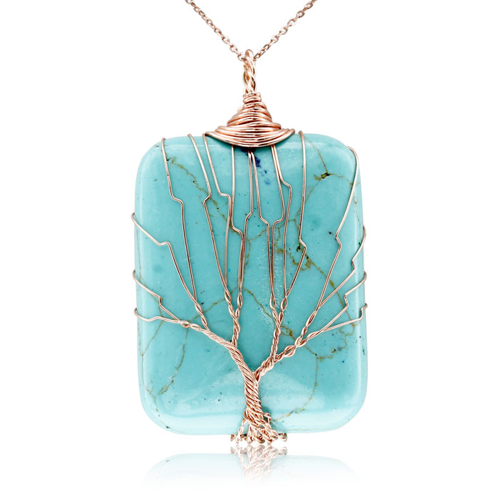 Rose Gold Tree of Life Wire Wrapped Turquoise Necklace, 18 Inches in Sterling Silver by SuperJeweler