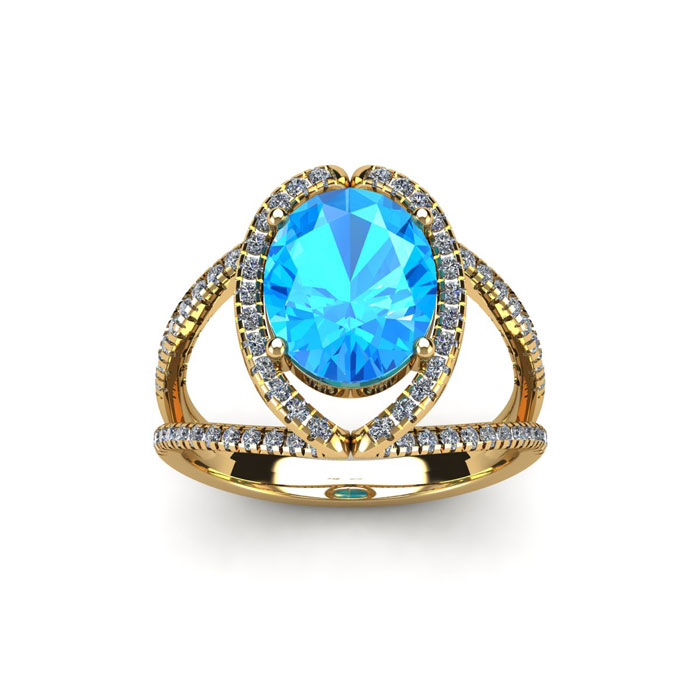 2 Carat Oval Shape Blue Topaz & Halo Diamond Ring in 14K Yellow Gold (3.5 g),  by SuperJeweler