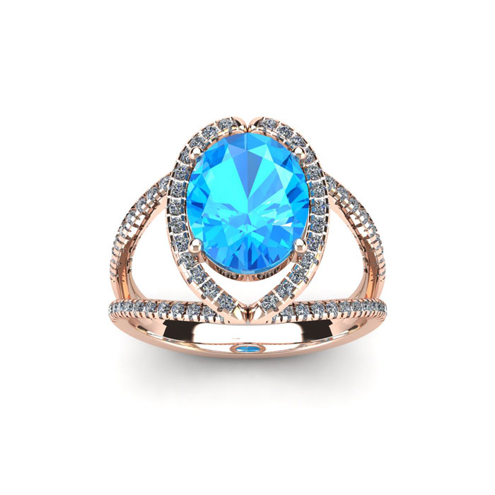 2 Carat Oval Shape Blue Topaz & Halo Diamond Ring in 14K Rose Gold (3.5 g),  by SuperJeweler