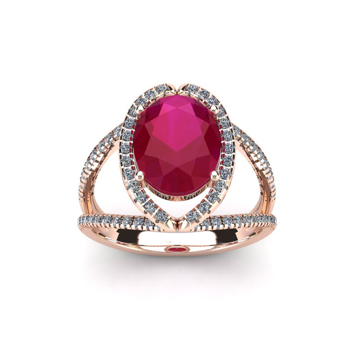 2 Carat Oval Shape Ruby & Halo Diamond Ring In 14K Rose Gold (3.5 G), H/I By SuperJeweler